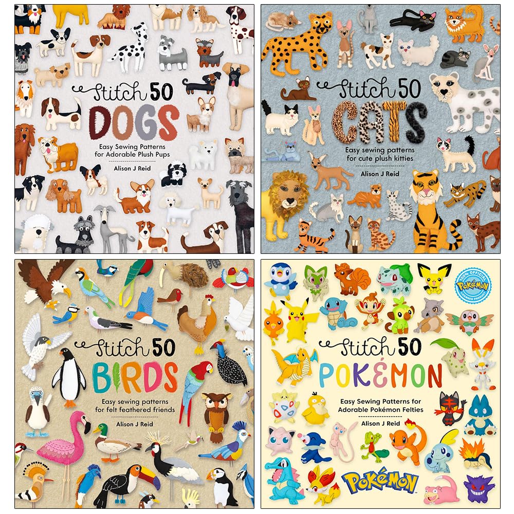 Alison J Reid Collection 4 Books Set (Stitch 50 Dogs, Stitch 50 Cats, Stitch 50 Birds & Stitch 50 Pokémon) - Lets Buy Books